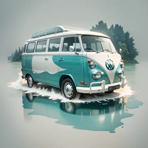 graphic design, flat design, Vw Kombi 1968 off-road, passing through a river. watercolor splashes, highly detailed clean, photorealistic masterpiece, professional photography, realistic car, White background, isometric, vibrant color vector --auto