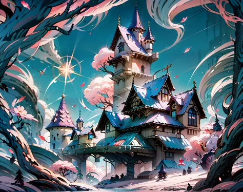 un castillo, fantasy, castillo de hadas, en tonalidades de color rosa, cute little creatures flying, particles of magic, pink pa...