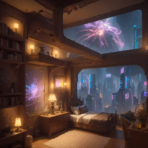 there is a room with a window and a view of a city, art nouveau octane render, ornate cyberpunk interior, inspired by Carl Spitz...