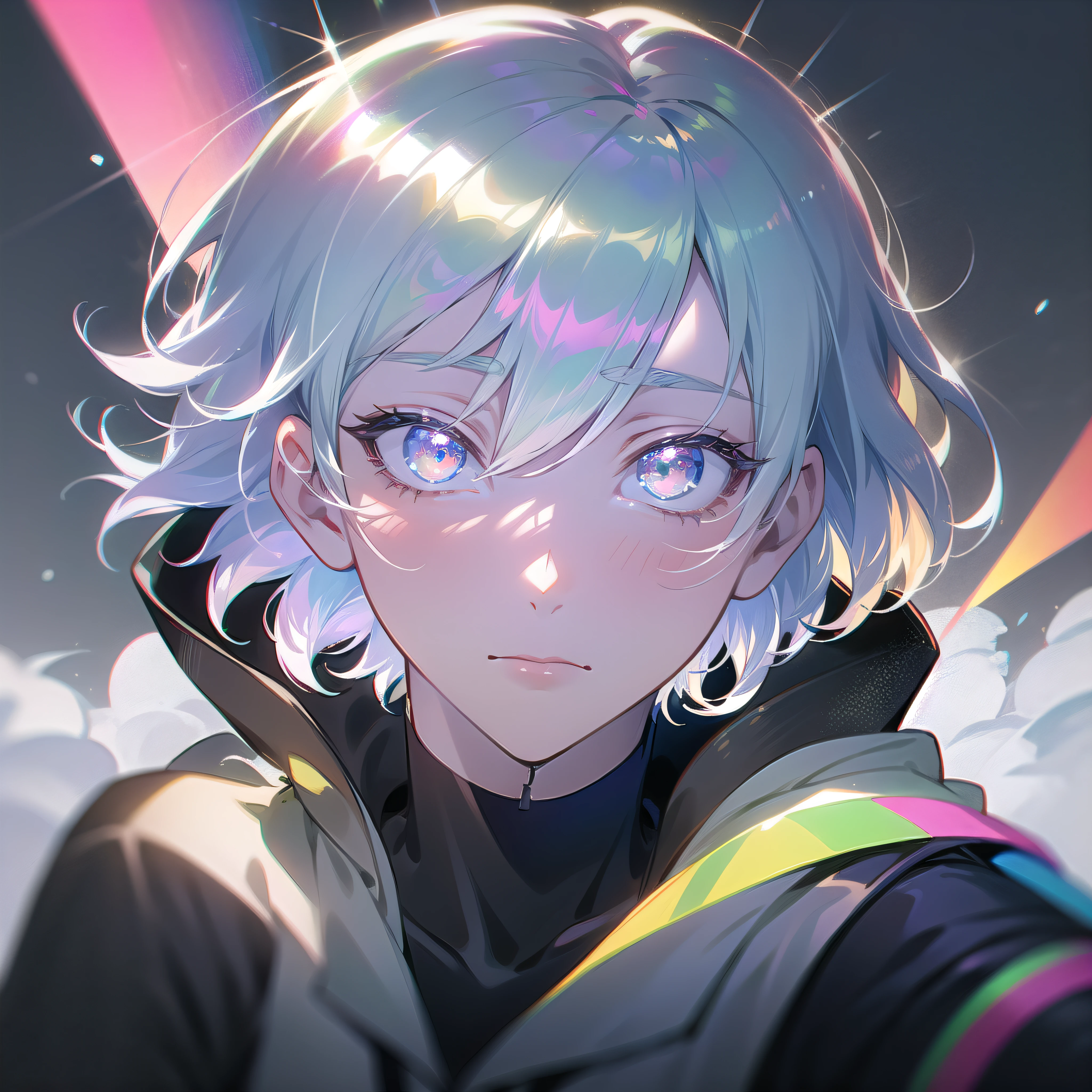 0.5>.1boy, short hair, jacket on back, diamond, multicolored hair, multicolored eyes, anime boy, snow