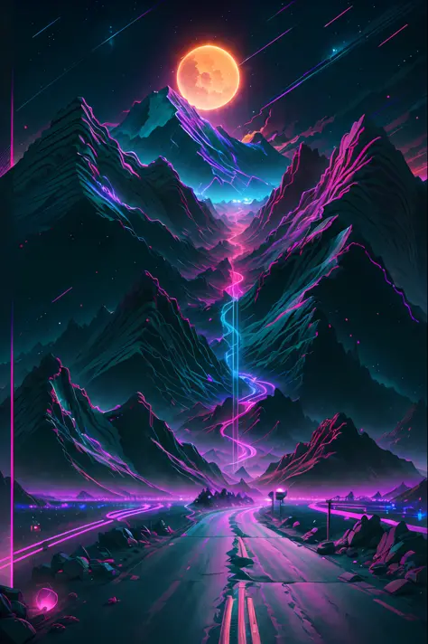 retrowave.  road,  purple neon lights, sun, mountain, 
(masterpiece,detailed,highres),