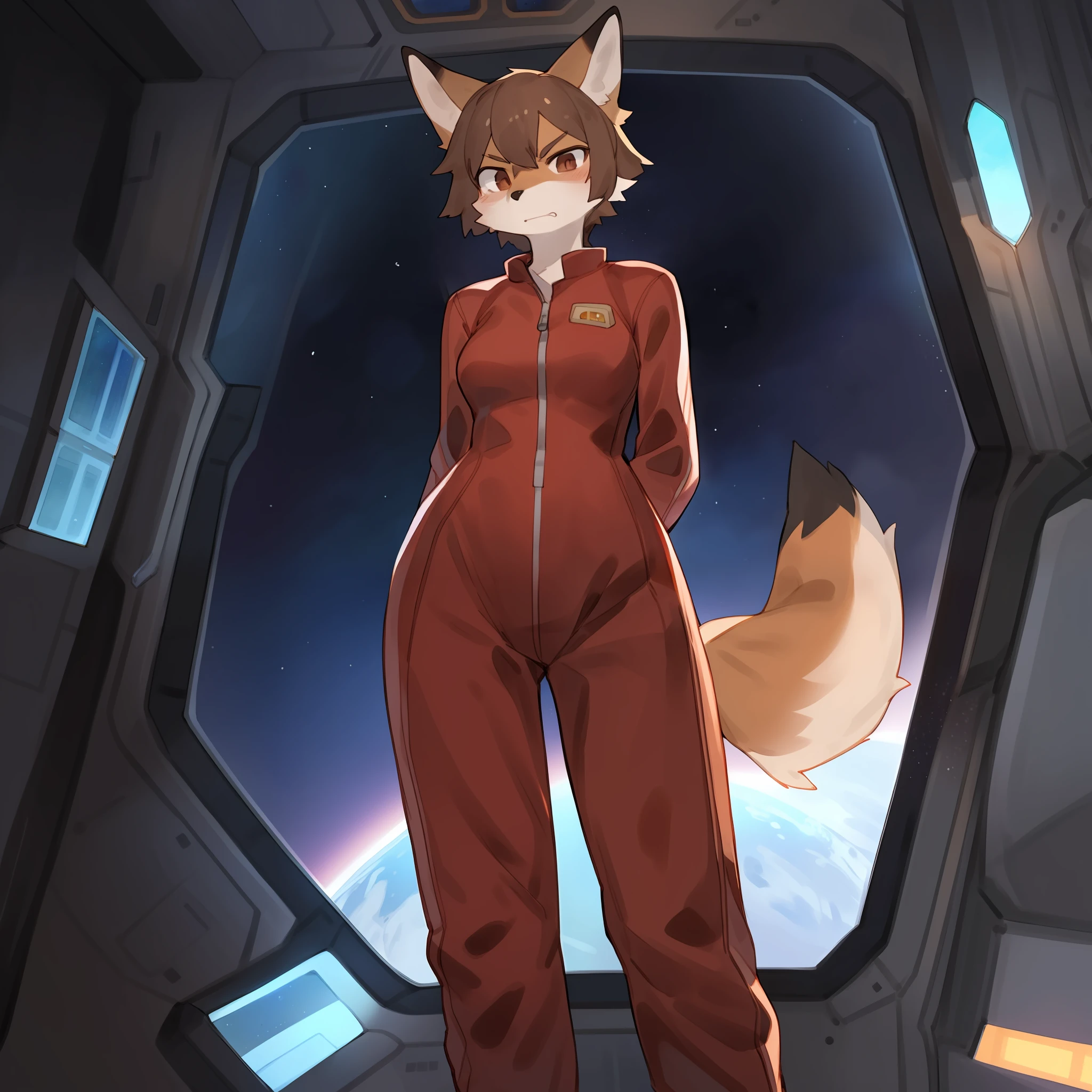 By bebebebebe, by buta99, solo, female, hair, anthro, detailed hands, red fox, angry, brown hair, short hair, red jumpsuit, red spacesuit, space, spaceship, window, standing, brown eyes