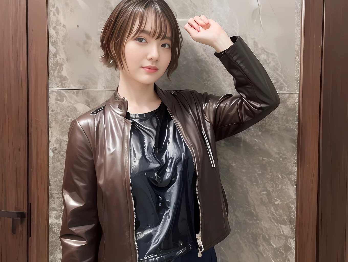 The leather jacket is wet、(((blouse is wet)))、((((clothes are wet))))、((Clothes with water))、((clothes that get wet and stick to the skin))、((skirt is wet))、((wet shiny skin))、((face wet))、((Wet hair clings to your face and shoulders))、water drop、((Brown hair is wet))、((Hair is disheveled))、一人の25才の大人な女性、one piece、、Black underwear、underware,、Brown hair is wet、 (Realstic、RAW Photography、highest quality、Master peace、:1.2)、photoreal:1.37)、awb、16k、Highres、Master peace、