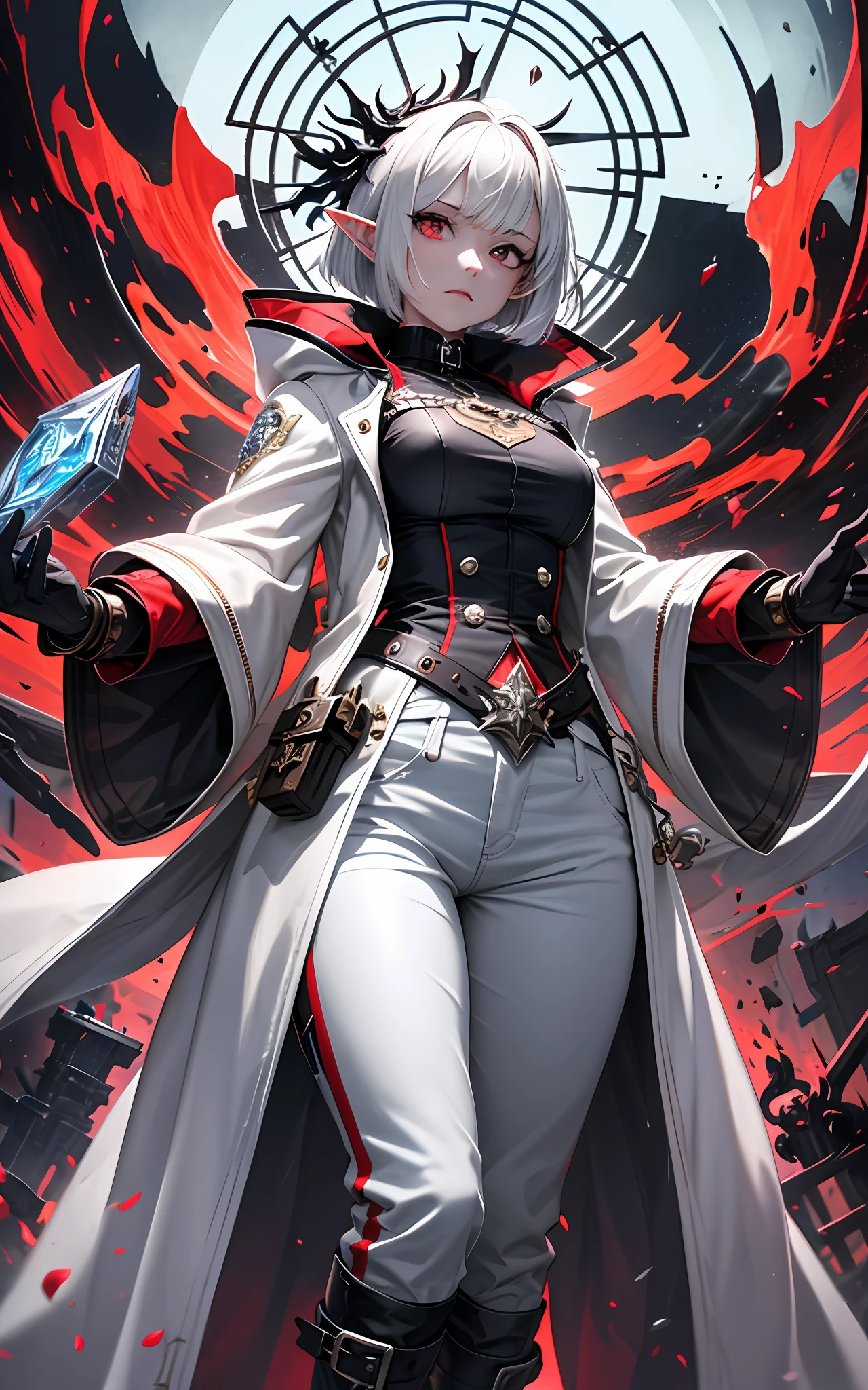 (absurdres, highres, ultra detailed), girl, (elf ears, adult, cute face:1.2),thin, medium breasts, fragile, straight hair, messy hair, (white with red accents coat, assasin-style coat, fantasy (pants), boots:1.5), adventurer clothes,glowing eyes, (grey hair:1.3), (((bob cut))), (yellow eyes), finely detailed eyes and detailed face, extremely detailed CG unity 8k wallpaper, intricate details, (style-swirlmagic:0.8), portrait, looking at viewer, solo, dynamic pose, detailed background, madness in eyes, hovering in the air, necromancer, evil to the core, red clouds, casting a spell, ((chaos magic, dark magic)), , underworld, warhammer theme, bringer of the false light, dark clouds, floating pieces of dirt, decadence, evil energy emanating, dark aura, broken shackles