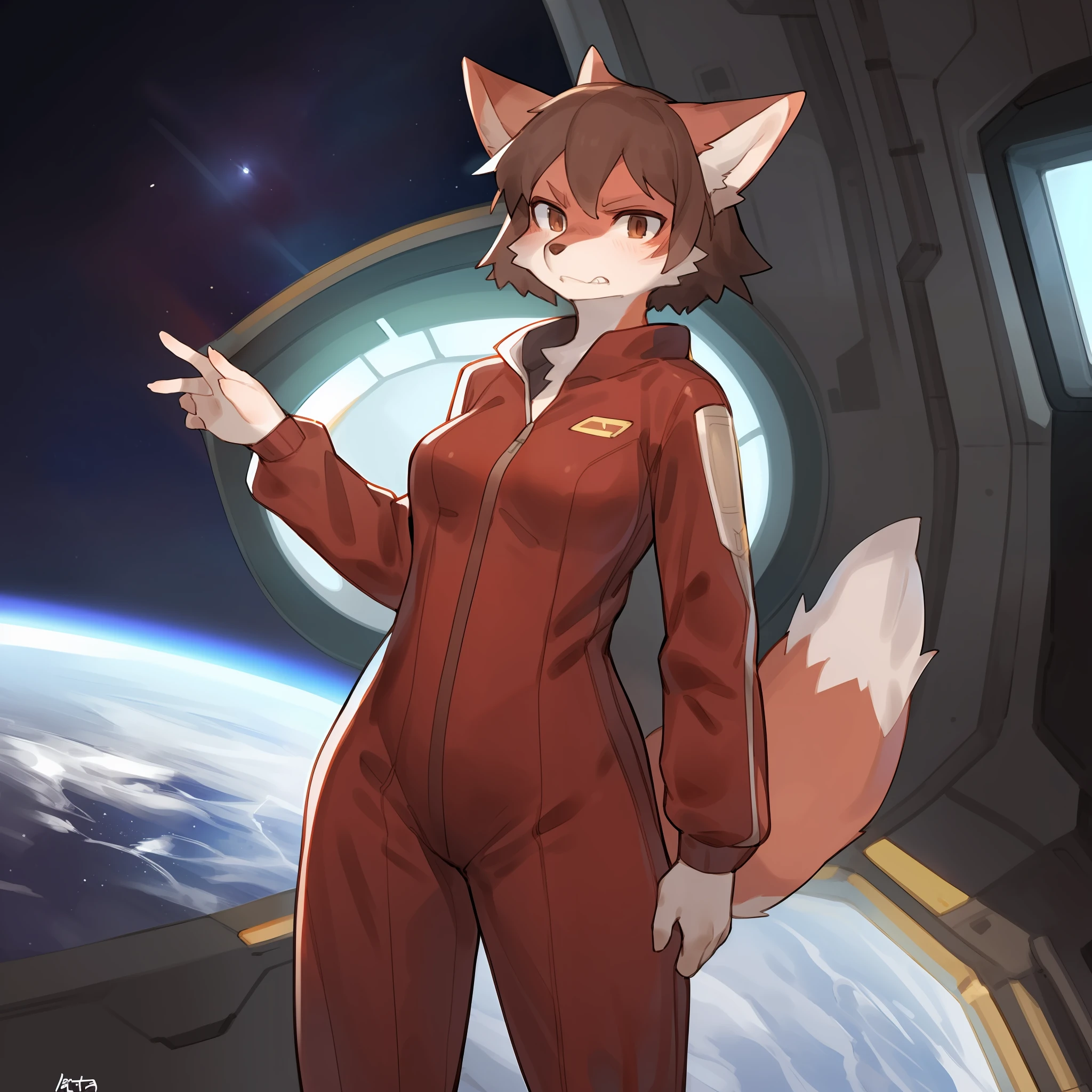 By bebebebebe, by buta99, solo, female, hair, anthro, detailed hands, fox, angry, brown hair, short hair, red jumpsuit, red spacesuit, space, spaceship, window, standing, brown eyes, red fur, red body