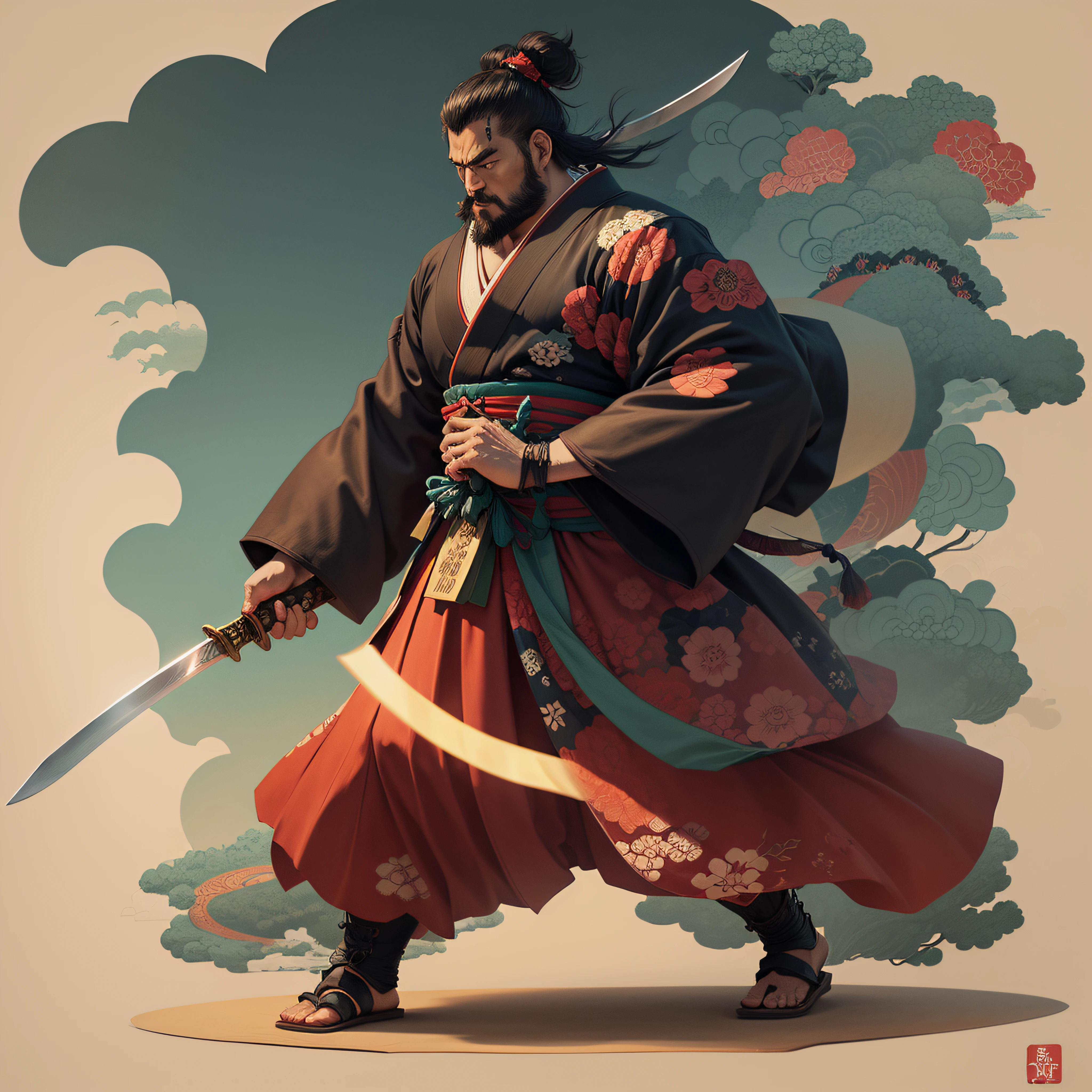Это полная покраска тела натуральными цветами в стиле укиё-э.. Миямото Мусаси — японский самурай с большим телом, похожим на силача. У него грубое лицо, короткие черные волосы, и короткий, подстриженная борода. Он праведный самурай, который борется со злом. Он носит черное кимоно. Хакама должна быть немного длиннее и иметь плавную форму, развевающуюся на ветру.. В правой руке он держит меч, из которого вырывается пламя.. Фон — клубящееся пламя в стиле Кацусика Хокусай.. Шедевр высокого разрешения в стиле укиё-э, с высочайшим качеством --auto --s2