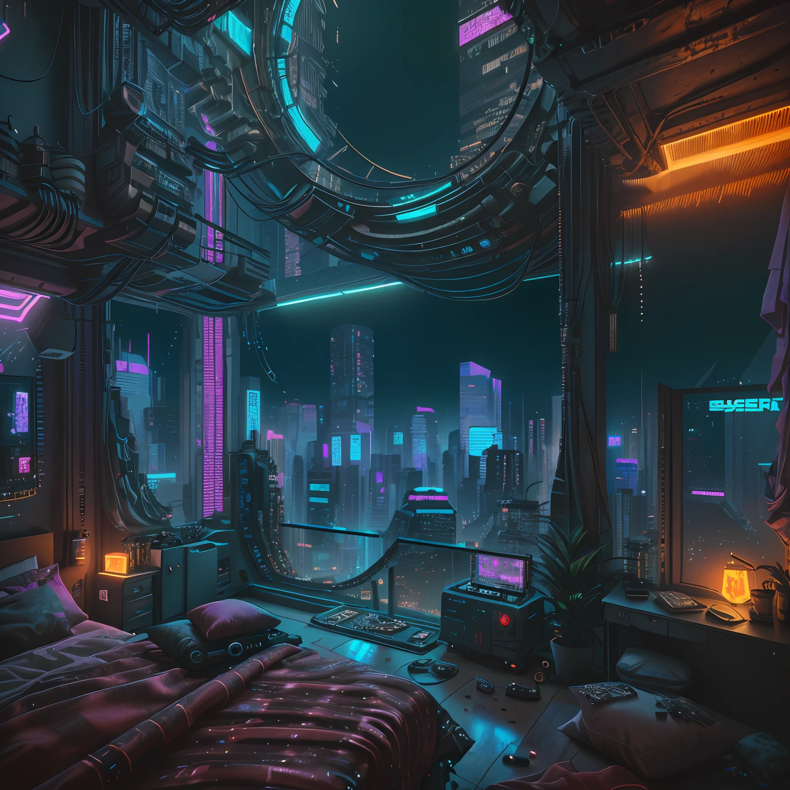 Es gibt ein Schlafzimmer mit einem Bett und einem Fenster mit Blick auf die Stadt, Cyberpunk-Schlafzimmer bei Nacht, cyberpunk teenager bedroom, Cyberpunk-Kinderzimmer, cyberpunk apartment, die Cyberpunk-Wohnung, cyberpunk art ultrarealistic 8k, cyberpunk dreamscape, 3D-Rendering von Beeple, hyper-realistic cyberpunk style, in a cyberpunk themed room, cyberpunk interior, cyberpunk setting