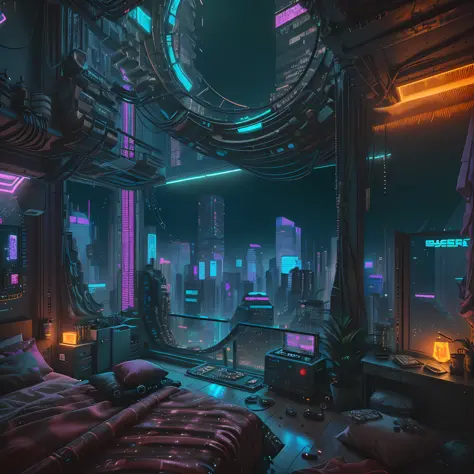 there is a bedroom with a bed and a window with a view of the city, cyberpunk bedroom at night, cyberpunk teenager bedroom, cybe...