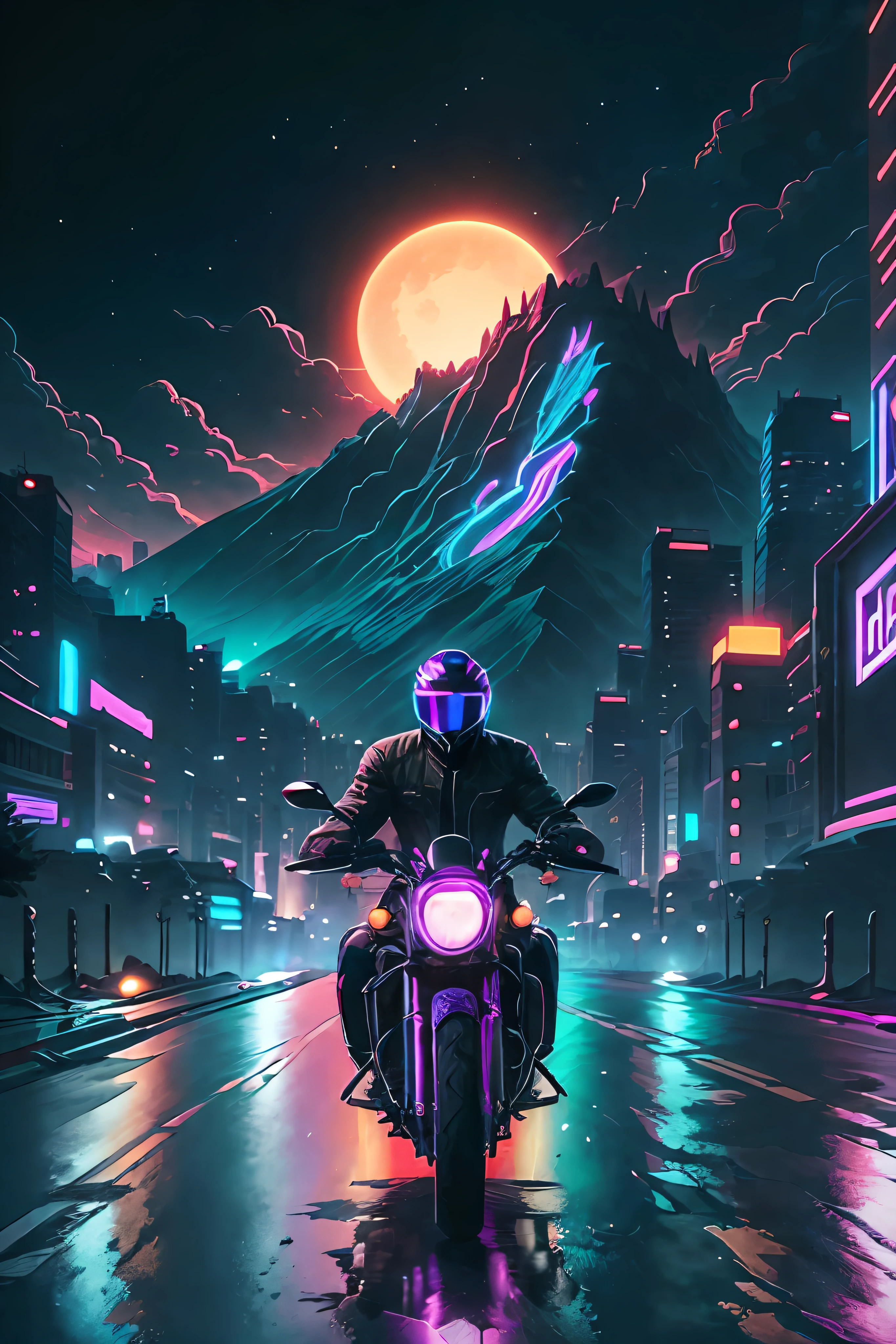Añade un hombre en una motocicleta con microondas.. ciudad, auto, camino,  luces de neón moradas, sol, montaña, 
(Obra maestra,detallado,alta resolución),