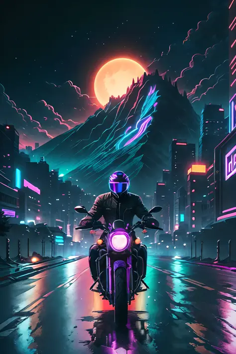 Add a man in a motorcycle retrowave. city, car, road,  purple neon lights, sun, mountain, 
(masterpiece,detailed,highres),