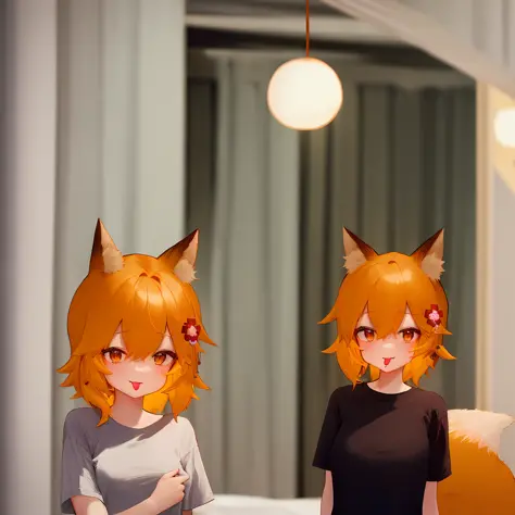 masterpiece, best qualityer, detailed  background, cinematic lights, sen, animal ears, fox ears, young woman-fox, fox tail, hair...