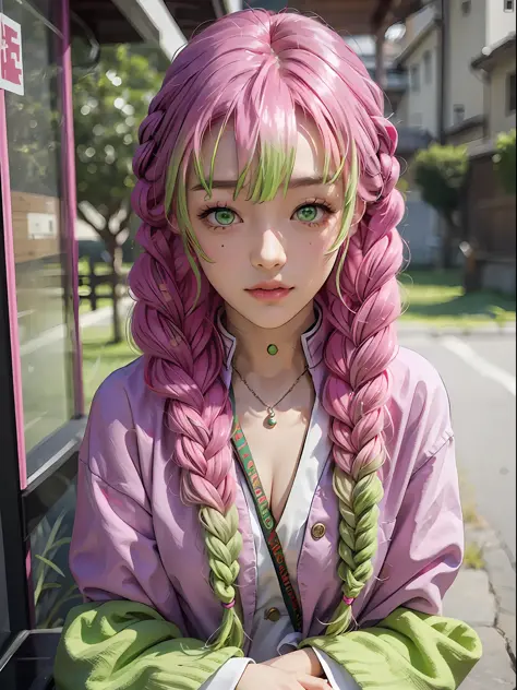 kanroji_mitsuri、1girl (master peace、) (sthe highest qualit)(shiny hair)(glossy skin)、(gradation hair、green、pink hair、braids:1.2)...