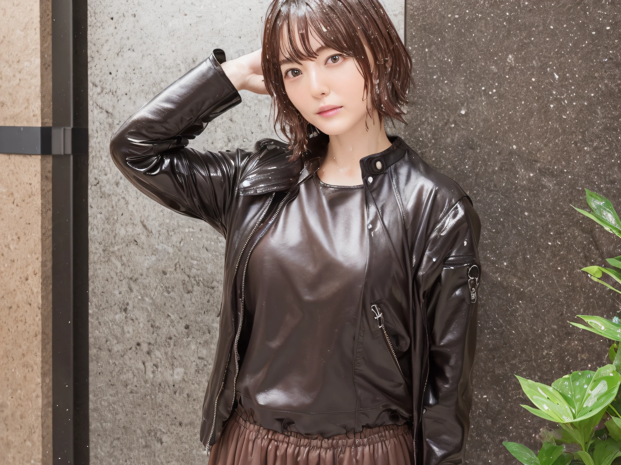 The leather jacket is wet、(((blouse is wet)))、((((clothes are wet))))、((Clothes with water))、((clothes that get wet and stick to the skin))、((skirt is wet))、((wet shiny skin))、((face wet))、((Wet hair clings to your face and shoulders))、water drop、((Brown hair is wet))、((Hair is disheveled))、a one woman、one piece、、Black underwear、underware,、Brown hair is wet、 (Realstic、RAW Photography、highest quality、Master peace、:1.2)、photoreal:1.37)、MLS、16k、Highres、Master peace、