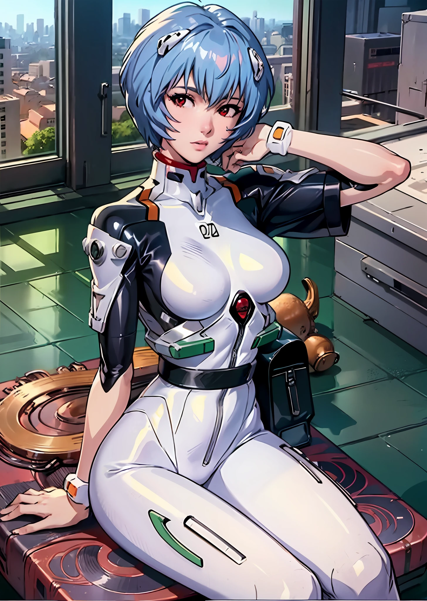 Anime girl in white outfit sitting on a table with a gun - SeaArt AI