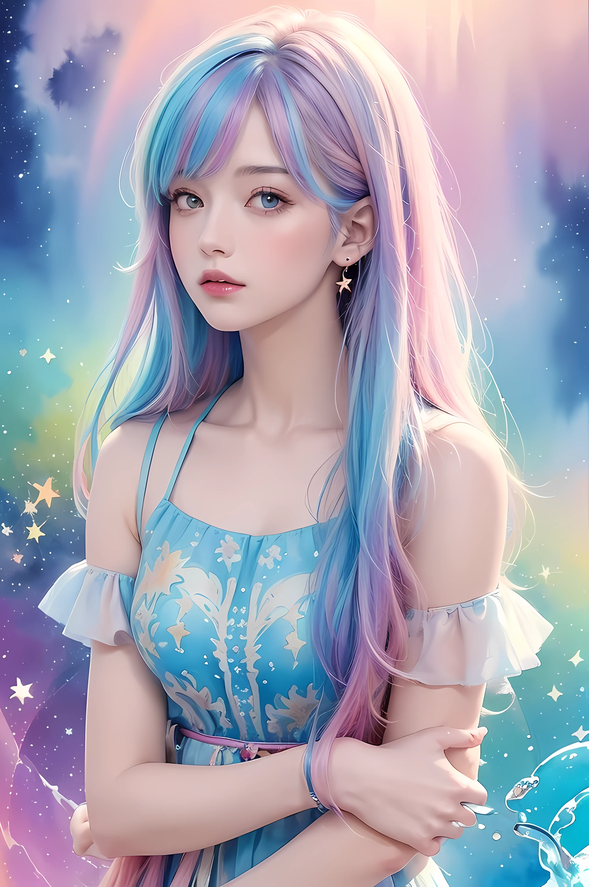 (masterpiece, top quality, best quality,watercolor (medium),official art, beautiful and aesthetic:1.2),(1girl:1.3), (fractal art:1.3),upper body, from side, looking at viewer,patterns,(rainbow color Hair,colorful hair,half blue and half pink hair:1.2),water,liquid, cloud,colorful, starry,stars,