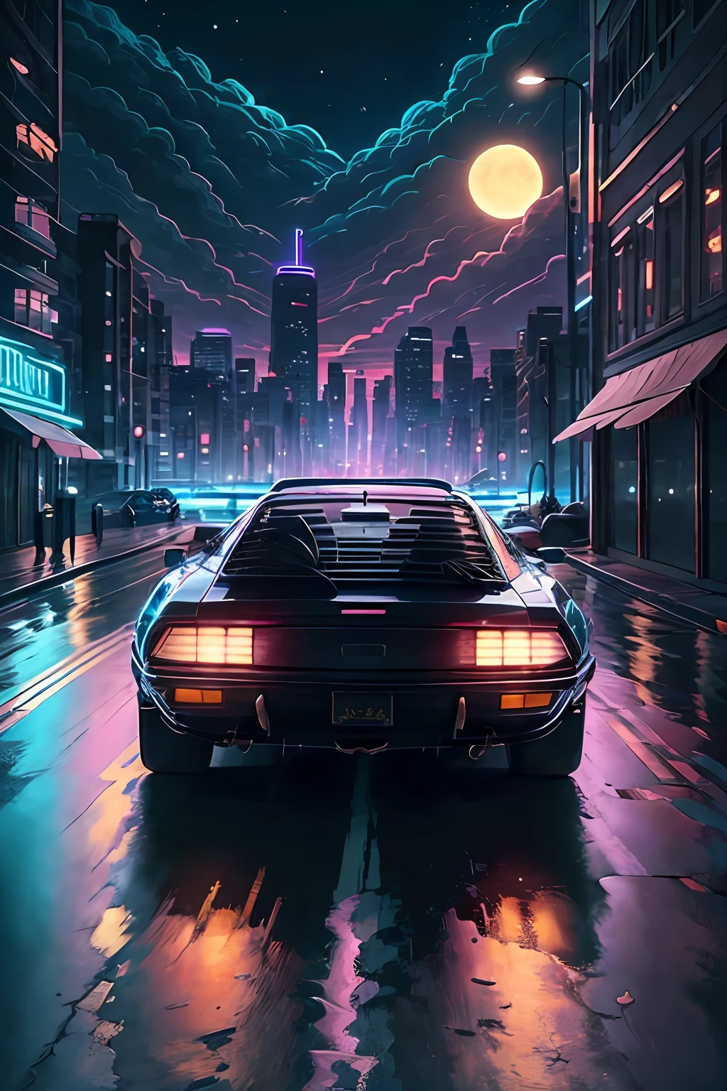 Reverse wave. City, 1969 Nissan S30, wide-body kit, road, purple neon, sun, close-up
(masterpiece, detailed, high resolution),