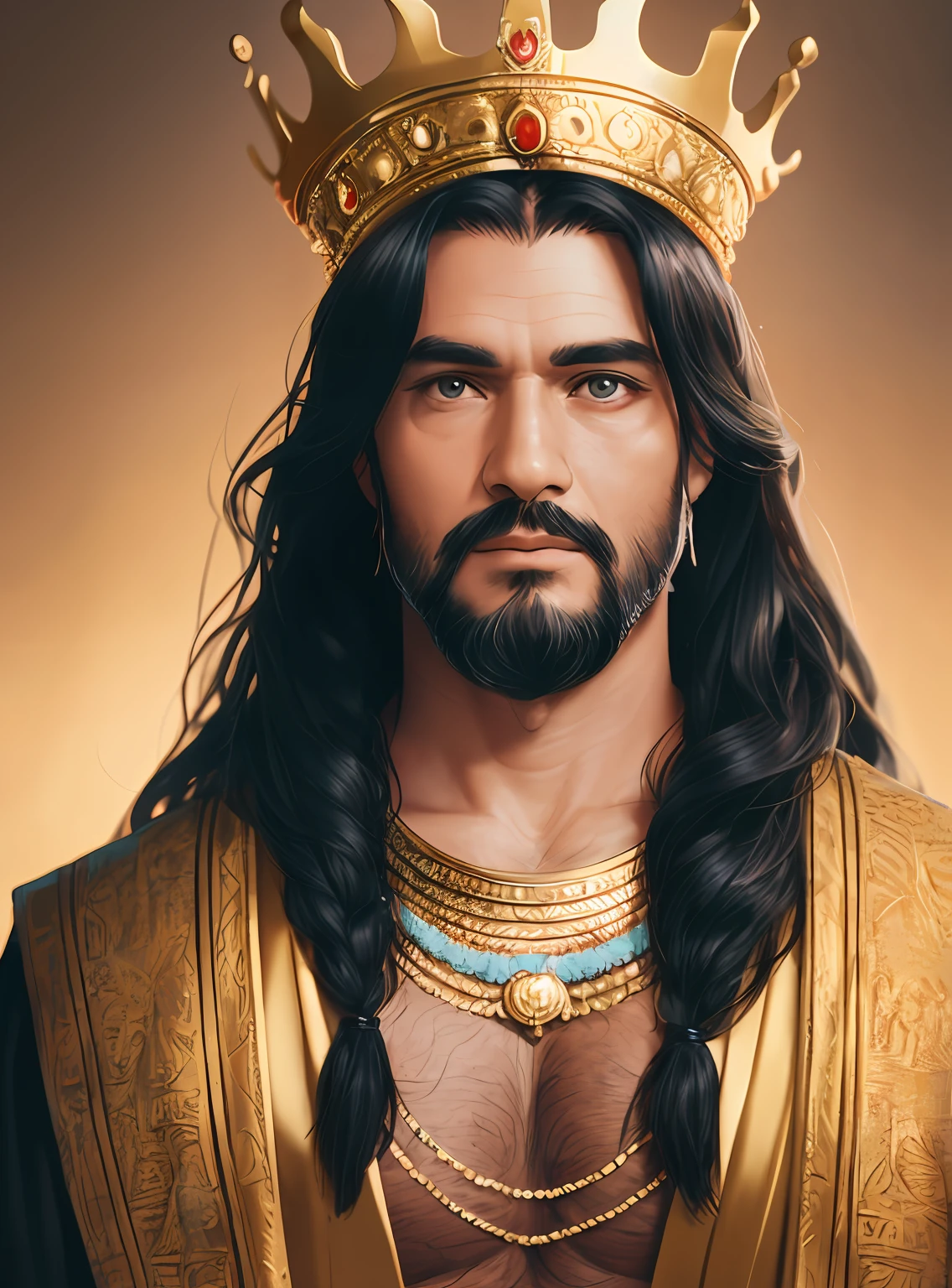 RAW photo, portrait of King Solomon, 40 year old man with a beard and long black hair, wearing the clothes of a King, (very detailed clothing), wearing a golden crown with red jewels, (very detailed crown), pale skin, slim body, (ancient temples background) (highly detailed skin: 1.2), 32k uhd, DSLR, soft lighting, high quality, film grain, Fujifilm XT3 --auto --s2