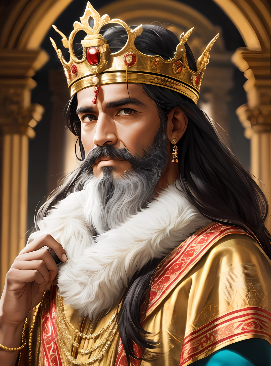 RAW photo, portrait of King Solomon, 40 year old man with a beard and long black hair, wearing the clothes of a King, (very detailed clothing), wearing a golden crown with red jewels, (very detailed crown), pale skin, slim body, (ancient temples background) (highly detailed skin: 1.2), 32k uhd, DSLR, soft lighting, high quality, film grain, Fujifilm XT3 --auto --s2