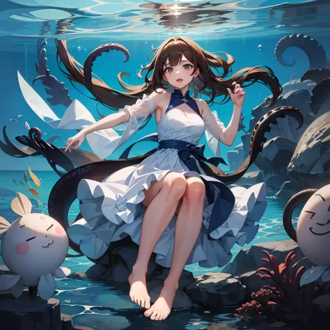Girl wearing a blue and white dress on the seabed amid giant tentacles (hiperdetalhado 1.3) 8k, solar reflections in water, oequenos cardumes de peixe em volta dos personagens, brown hair floating in water, Dress details float on water, bare foot