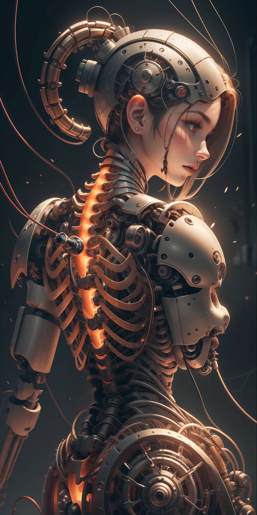 (((Work-before))), ((((best qualityer)))), (((ultra detali))), (highly detailed CG illustration), ((an extremely delicate and beautiful face)),(cute and delicate face ), cinematic lighti, ((1 mechanical girl)), standing alone, fully body, (machine-made joints: 1.4), ((mechanical limbs)), (blood vessels attached to tubes), ((mechanical vertebra attaching to back)), ((mechanical cervial attached to the neck)),((sitting down)),expressionless,(wires and cables attached to the head and body: 1,5),(character focus),sci fiction, titanium color, black backdrop, Depth of field, focus sharp,  cool colours, soft and artificial lighting