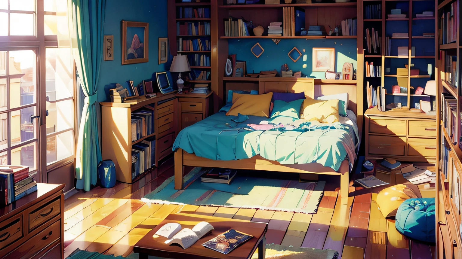 teenager&#39;s room with bed, computer, books and a window at night in the moonlight