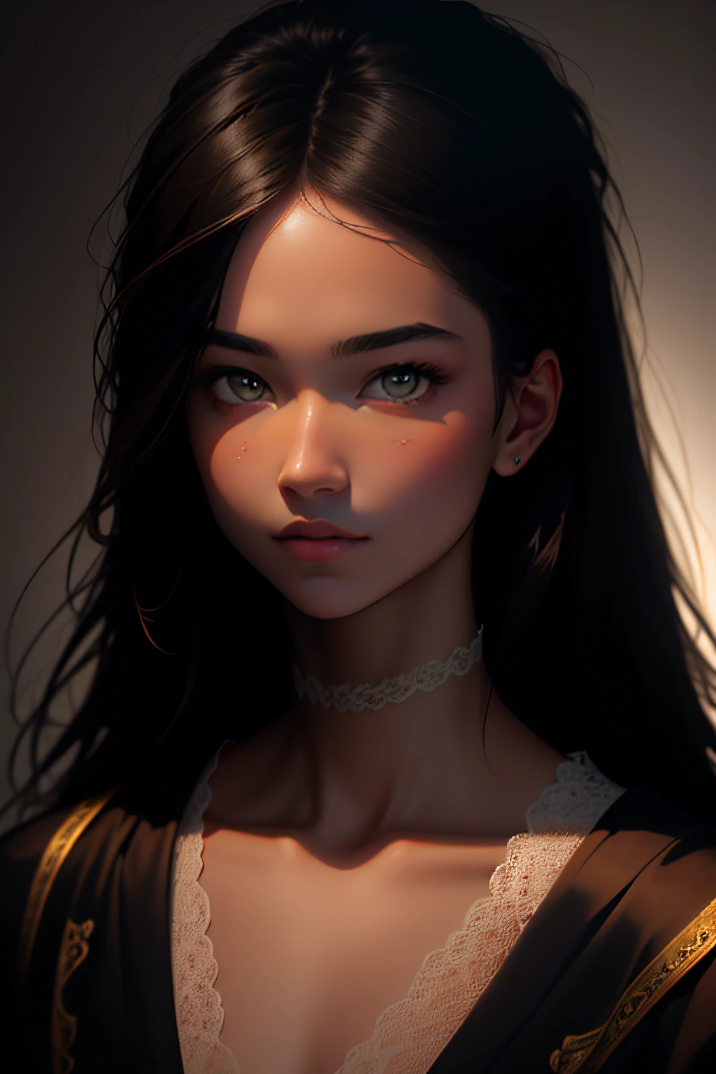 (artstation), (deviantart), (masterpiece), (artwork), (dark soft lighting), (simple, muted colors), (neutral color palettes), (best artist), (best desinger), (extremely detailed eyes), (soft and delicate face), (Greg Rutkowski), (Sandro Botticelli), (Stanley Artgerm Lau), (Ross Tran), (extremely detailed 8k CG unit wallpaper), (cinematic scenery), a girl with a pretty face, with long light brown hair, wearing princess clothes with lace, in a place in the living room, her eyes focused on a place far away from the viewer, background with magical colors of the universe, playing with light and shadow of sunlight, in a unique feeling of conveying emotion the impeccable quality of the image and the artistic design of the development.