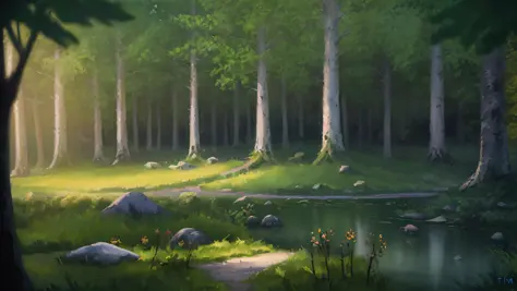 nigth，Forest at night，A path crosses it，Small lake，Small stones，The forest painting is elegant，Large and small rocks，forest in the background，Forest settings，Random forest landscape，concept art by theCHAMBA，concept art by theCHAMBA，nigth