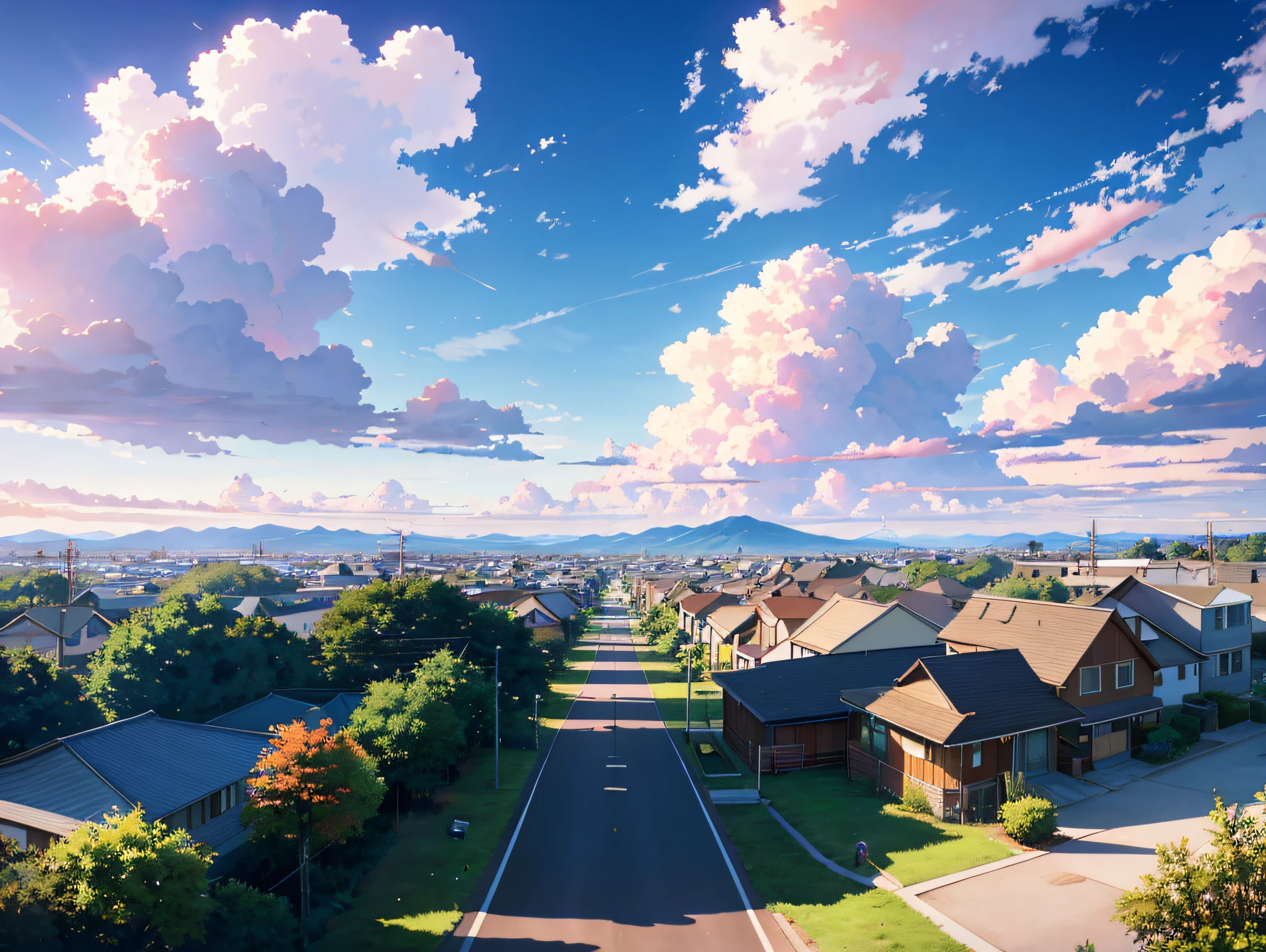 Magnifique paysage urbain dans le style du Studio Ghibli, obra-Première station artistique, parterres de fleurs sur les trottoirs, arbres sur certains trottoirs, pelouses, Personnes éloignées de l’observateur, Silhouettes de personnes au loin, Des bulles de savon volant au premier plan, Image riche dans les détails parfaits, Couleurs pastel chaudes et chaudes, ciels bleus, beaux pétales de fleurs et feuilles volantes, éclairage latéral, Lumière du soleil sur les maisons et les voitures garées, 8k