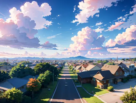 Beautiful cityscape in the style of Studio Ghibli, obra-First Art Station, flower beds on sidewalks, trees on some sidewalks, gr...