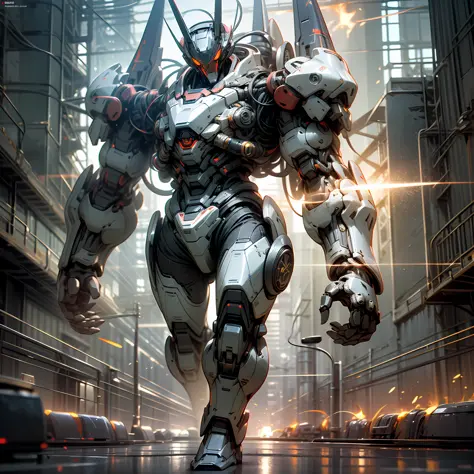 Ultra-Realistic Giant Humanoid Robot its black cobalt rocket fist, emitting fire in its takeoff, silver and cobalt black in its arms and legs, on songs a red flap showing electronic and Mechanical Parts, walking in the city, [Humanoid Robots Shows Mechanic...