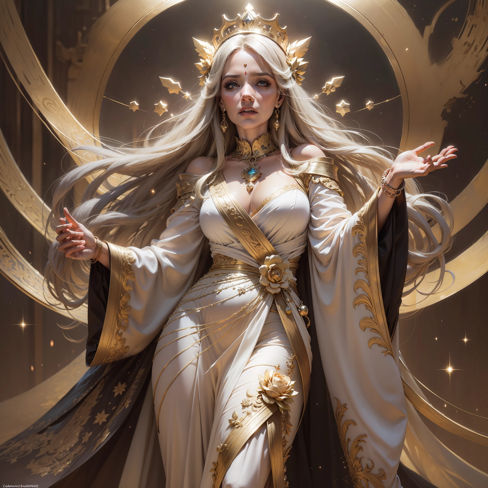 Goddess Hera, White hair, age 65 years, freckles, slickedback hair, detailded, white outfit, roupa chiton, long robes, large cylindrical crown, Detalhes em dourado, Pomegranate fruit, glorious poses, natta, moonligh, stele, olympus background, ultra-realistic