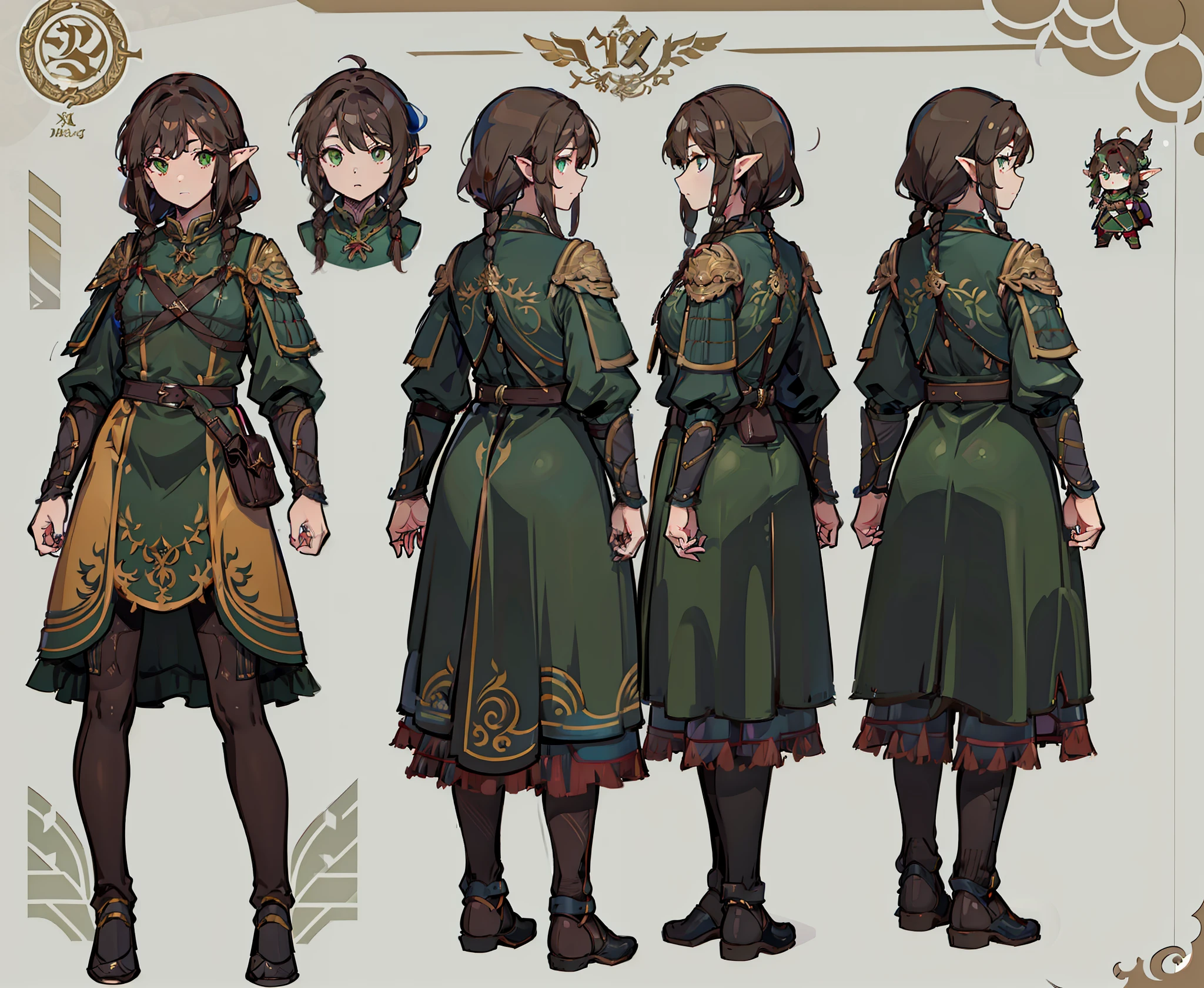 1woman, reference sheet, matching outfits, (fantasy character design, front, back, side, rear) elven ranger. agile body, subtle chest. forest green eyes. flowing long chestnut brown hair, adorned with delicate braids, natural ornaments. lightweight leather armor, elven armor, quiver of arrows.