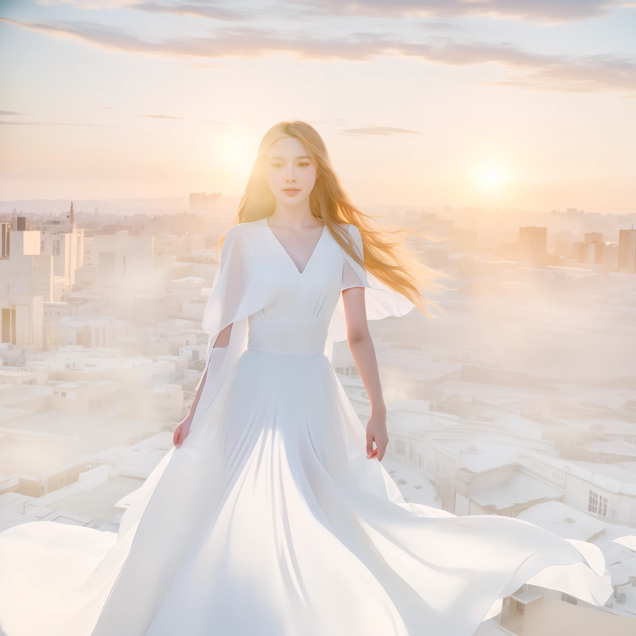 Young woman in araffe in white dress standing on a ledge overlooking the city, supple limbs, white flowing dress, flowing gown, wearing flowing dress, flowing white dress, flowing dress, flowing backlit hair, she is approaching heaven, flowing white robes, the white cloth of the wind is shining, flowing cape, shining lens flare array girl, sunbursting behind woman, Lukashenko, a flowing magic robe