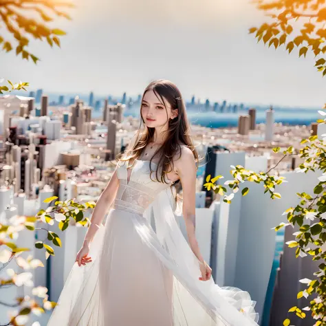 Woman in araffe in white dress standing on a ledge overlooking the city, white flowing dress, flowing gown, wearing flowing dres...