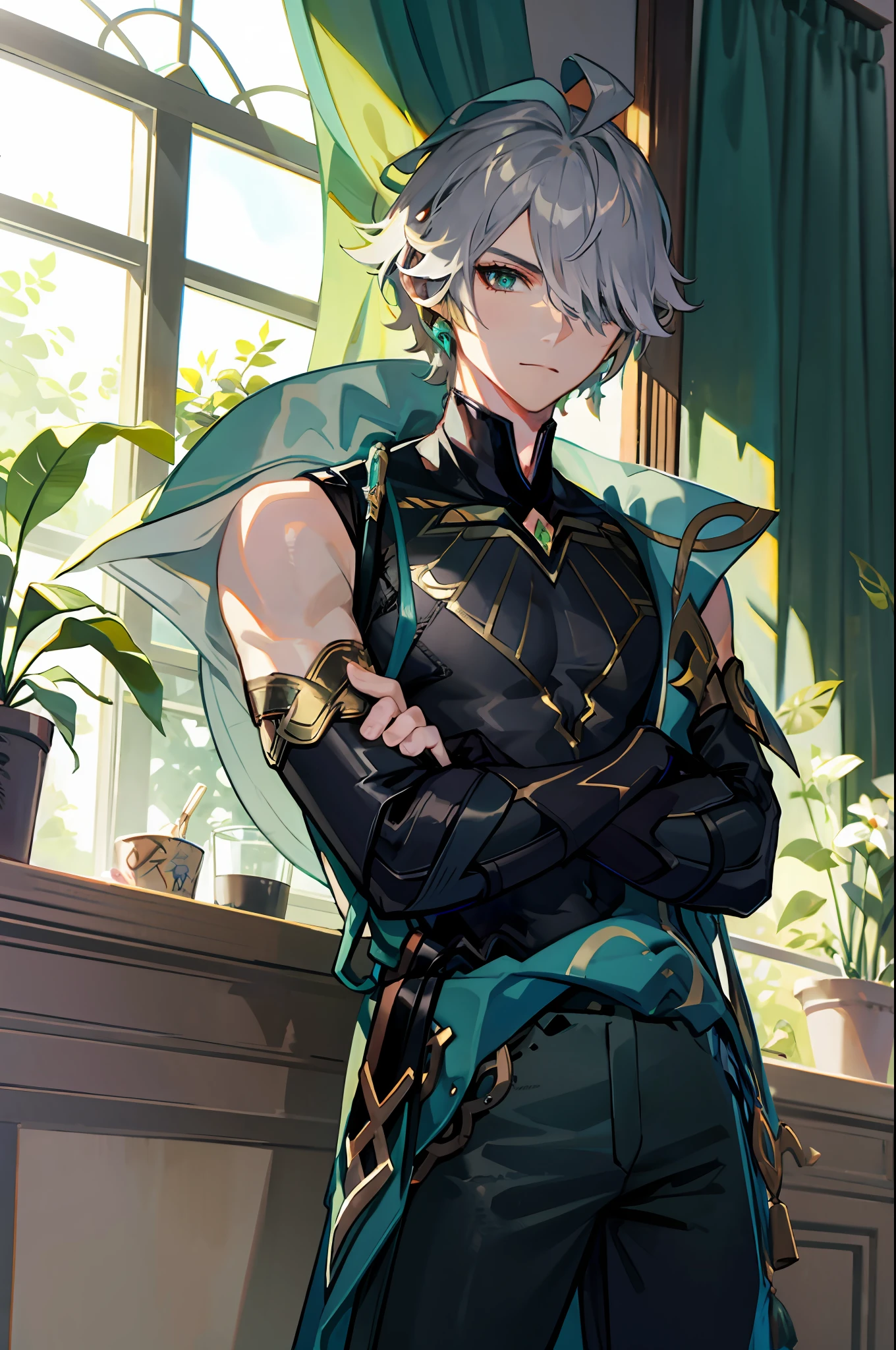 masterpiece, best quality,alhaitham\(genshin impact\), 1boy, male focus, window, shirt, solo, gloves, sleeveless shirt, grey hair, green eyes, sleeveless, ahoge, curtains, black shirt, bangs, hair over one eye, black gloves, indoors, fingerless gloves, black pants, pants, swept bangs, boots, bare shoulders, short hair, elbow gloves,(kbxll:0.6), detailed, focus on face, accurate face, ((crossed arms))