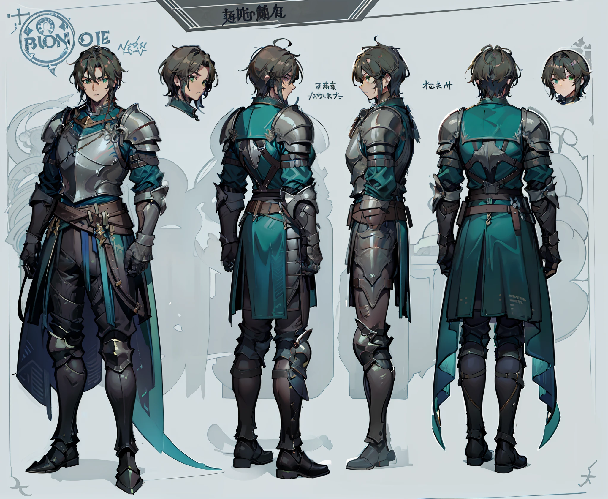 1man, reference sheet, matching outfits, (fantasy character design, front, back, side, rear) tall and muscular, strong, imposing. silver armor. green eyes. short, dark brown hair. wearing heavy armor, covered body. large sword strapped to back. Face bearing battle scars.