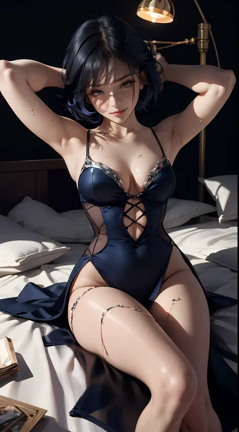 best quality, masterpiece, ultra high definition, (fidelity:1.4), photography, sailor mercury, ripped dress, movie,room, lamp, light, bed, (ripped dress: 1.5), bare shoulders, big, wet crotch: 1.5, seduction, seductive face, branded hair, blue eyes, random...