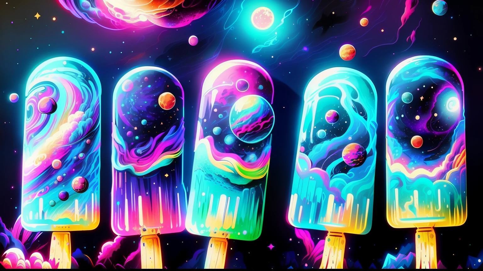 araffiction of pops with a galaxy theme on them, colorful galaxy theme  colors, cosmic and colorful, Derretimento de naves espaciais!, cosmic  colors - SeaArt AI