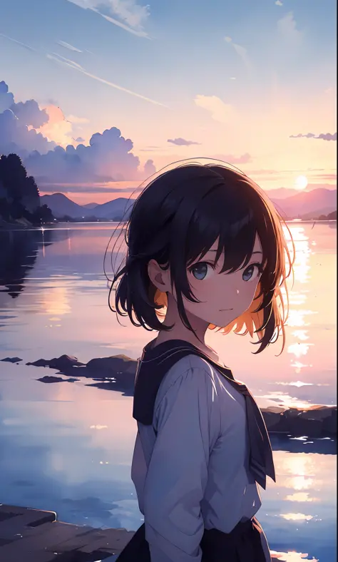 1 girl, sunrise, blue sky,watercolor painting