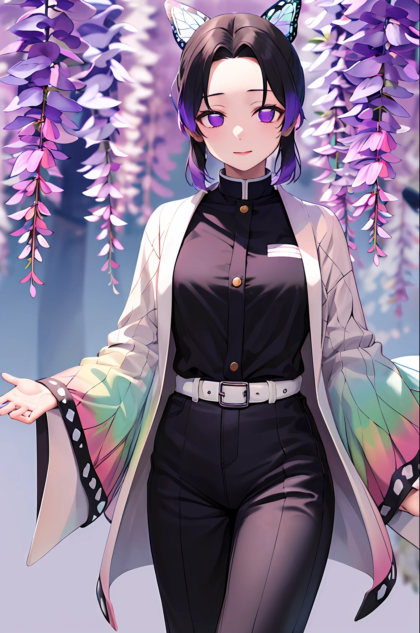 Masterpiece、, sthe highest qualit, Hi-Res, 1girl, solo, Shinobu Kocho, butterfly hair ornament, purple eyes, multicoloured hair, ple short hair, partedbangs, Black pants, Black jacket, LONG SLEEVES, belts, Cowboy shot, woods, evening, A lot of wisteria flowers