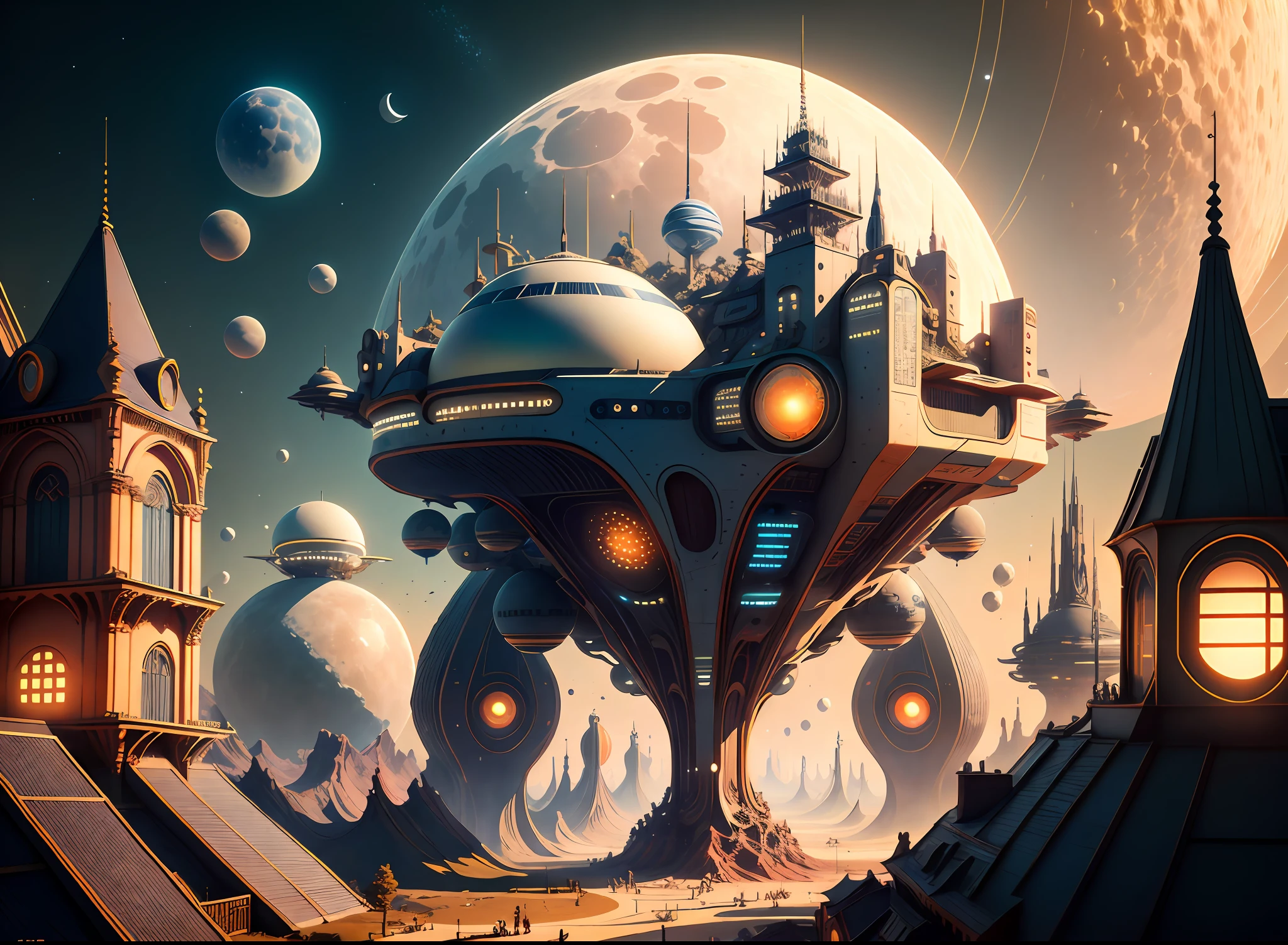 ,Get up close to the town on the alien planet，hyper detailed，an ultra realistic，k，Bright and vivid colors，Four moons，Flying spaceship，cinematic ligh，Studio lighting