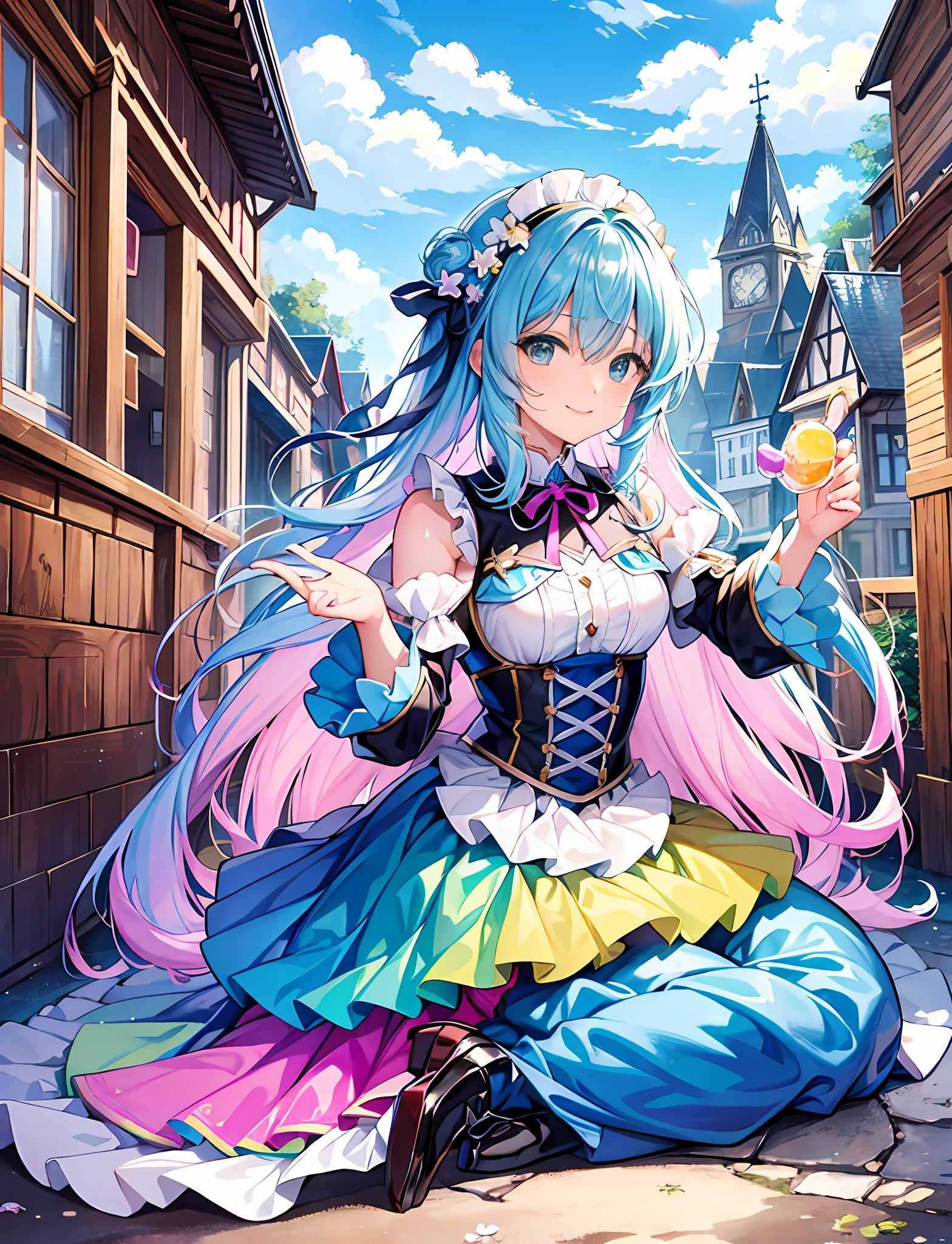 Warrior Pose, RPG, (Has Holy Sword Excalibur: 1.5), Holy Knight Costume, Town, Yumekawa, Cute Like a Dream, Jewels, (Masterpiece, Top Quality, Best Quality, Official Art, Beautiful and Aesthetic: 1.2), (Girl: 1.3), Super Smile, Fun Pose, Gothic Lolita Fashion, , Pattern, BREAK, (Colorful Pastel Hair: 1.2), BREAK, soap bubbles, rainbow behind, clouds, colorful, soap bubbles, cute, pastel,