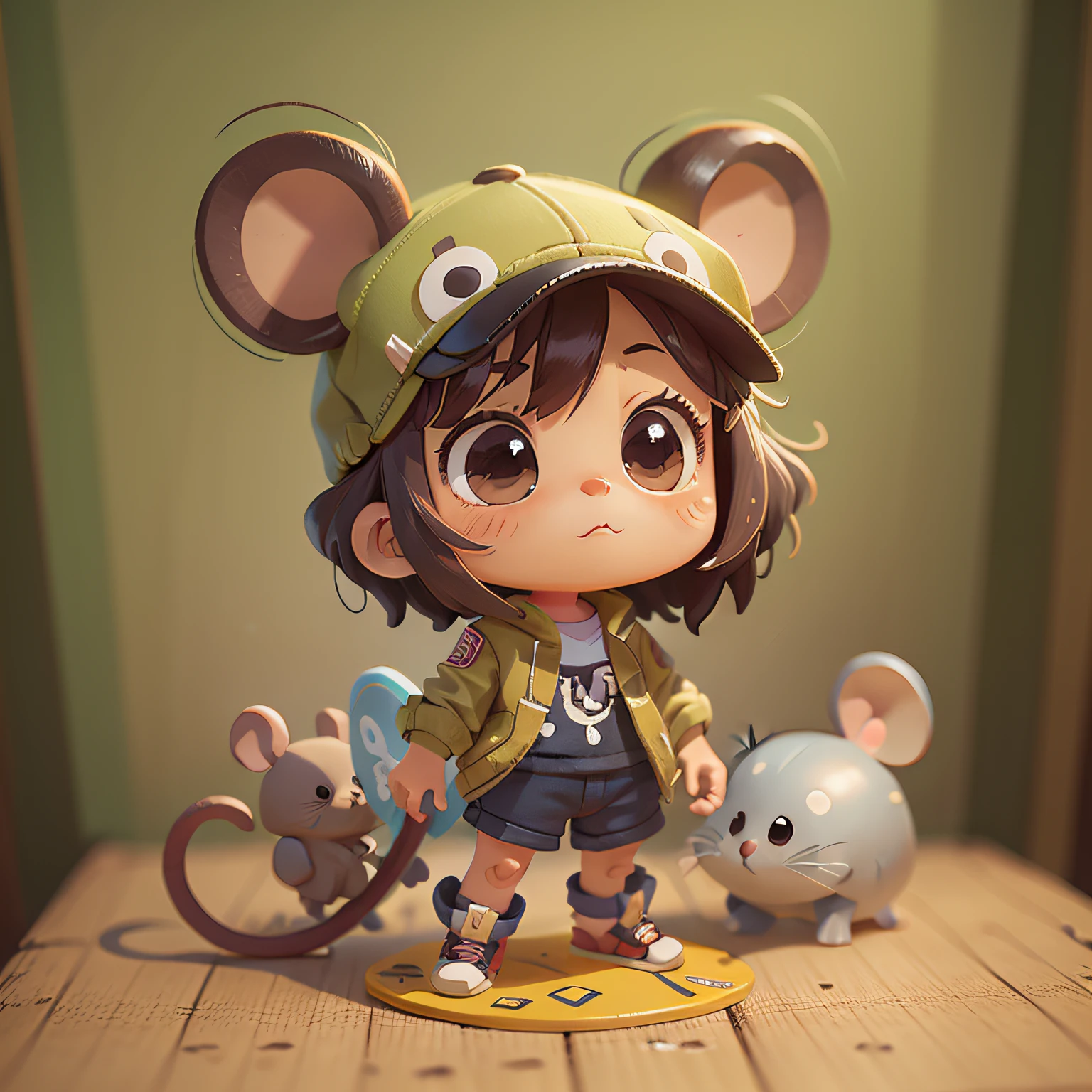 chibi, souris, mignon, surfeur, bigbadejo, Tout le corps, chef-d&#39;œuvre, rendu 3D, meilleure qualité, Beaucoup de détails, (Fond uni), figurine jouet en vinyle