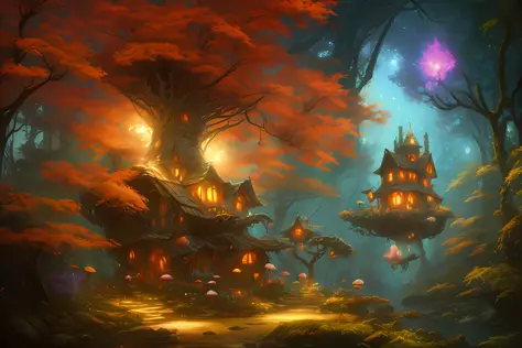 enchanted mystical village in a forest, well lit, colorful