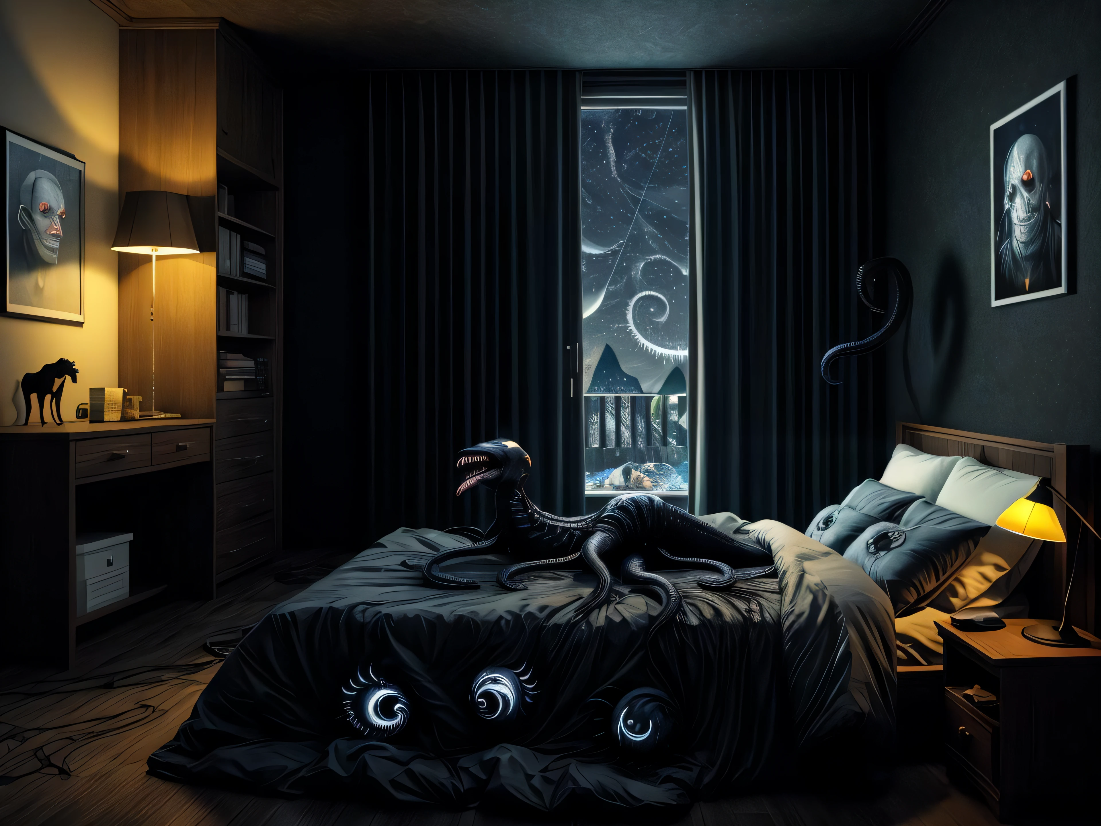 masterpiece,best quality, ultra detailed,highres,high-resolution,4k,4k portrait,8k,8k portrait,unity 8k wallpaper,extremely detailed CG,unity 8k wallpaper,realistic,RAW photo,real person, portrait photography,photorealistic,shiny skin,detailed skin,
In the bedroom at night, it's pitch black outside the window, and the room is dimly illuminated by the lights of the wall lights.A bed is placed a short distance from the lights. On the bed lies someone with a blanket, On the blanket there is a strange human-like creature with a beastly lookout, A creature with a long tongue and a dog's teeth. The bodies of the creatures are lit up with lights to reveal their eerie shapes,
((night:1.8)),(darkness:1.5), boogeyman, tentacles, creature, ((under bed:1.5)), horror, scary stories,