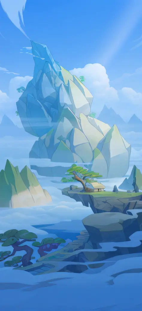 There is a cartoon picture，There is a gourd-shaped mountain in the middle, island background, background art, mobile game background, avatar landscape, legend of korra setting, isometric island in the sky, dojo on a mountain, mountainous background, 2 d ga...