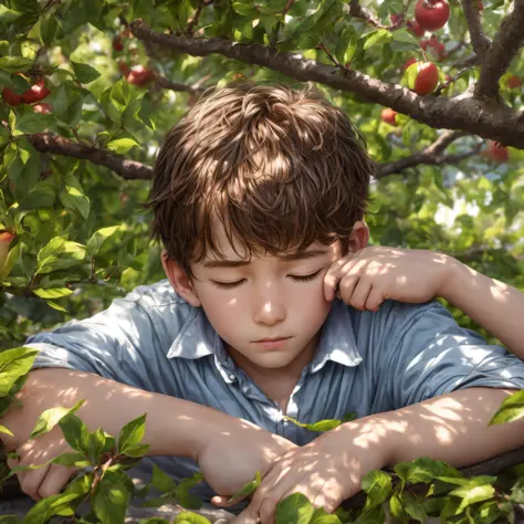 Boy lying among leaves of an apple tree, the boy is with his eyes closed, in a shadow, some rays of the sun hit the boy's face, realistic photo, boy with five fingers on his hands --auto --s2