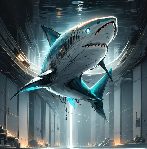 shark dive inside murky water, cinematic, intricate detail, hires, 4k, speed lines, dark aesthetic