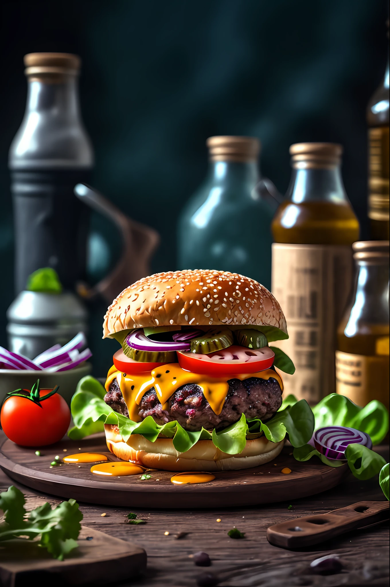 masterpiece, best quality,burger photo, food, food focus, no humans, tomato, blurry, still life, realistic, burger, cup, lettuce, fruit, onion, bowl, depth of field, vegetable, blurry background, cheese, bottle