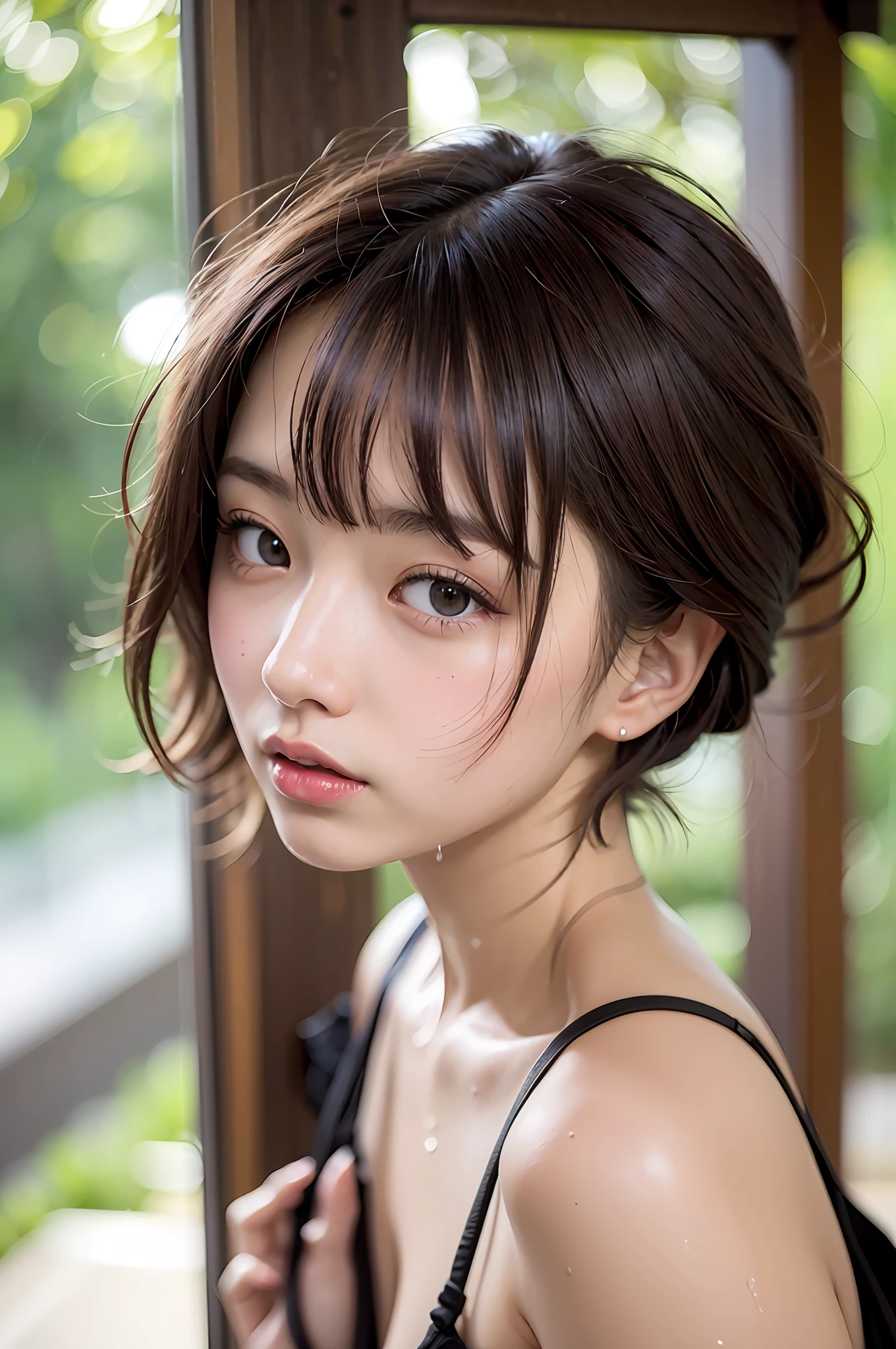 chica de 20 años, chica japonesa, senos pequeños, Perfecto breasts, Perfecto skin, pelo húmedo, cabello corto, Perfecto, pelo oscuro, golpes, Ojos cafés, Perfecto skin, Perfecto figure, pelo recogido hacia atrás, huecograbado,